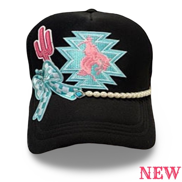 Accessories - NEW TRUCKER HAT - EMBELLISHED WITH PATCHES, TURQUOISE  * PEARLS  - 🧢✨